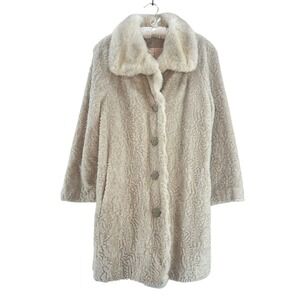 VTG Susan Lynn Curly Vegan Wool Coat S M Cream Pockets Swing 60s Quiet Luxury